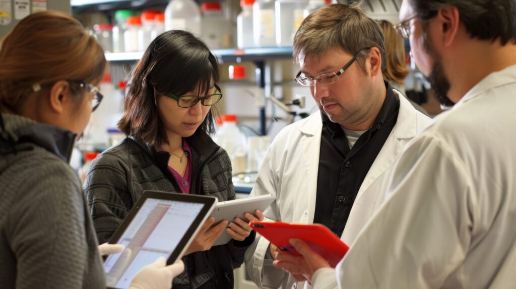 A Group Of Researchers In A Lab Analyzing Data On Tablets, One With A Bright Red Phone Case Visible